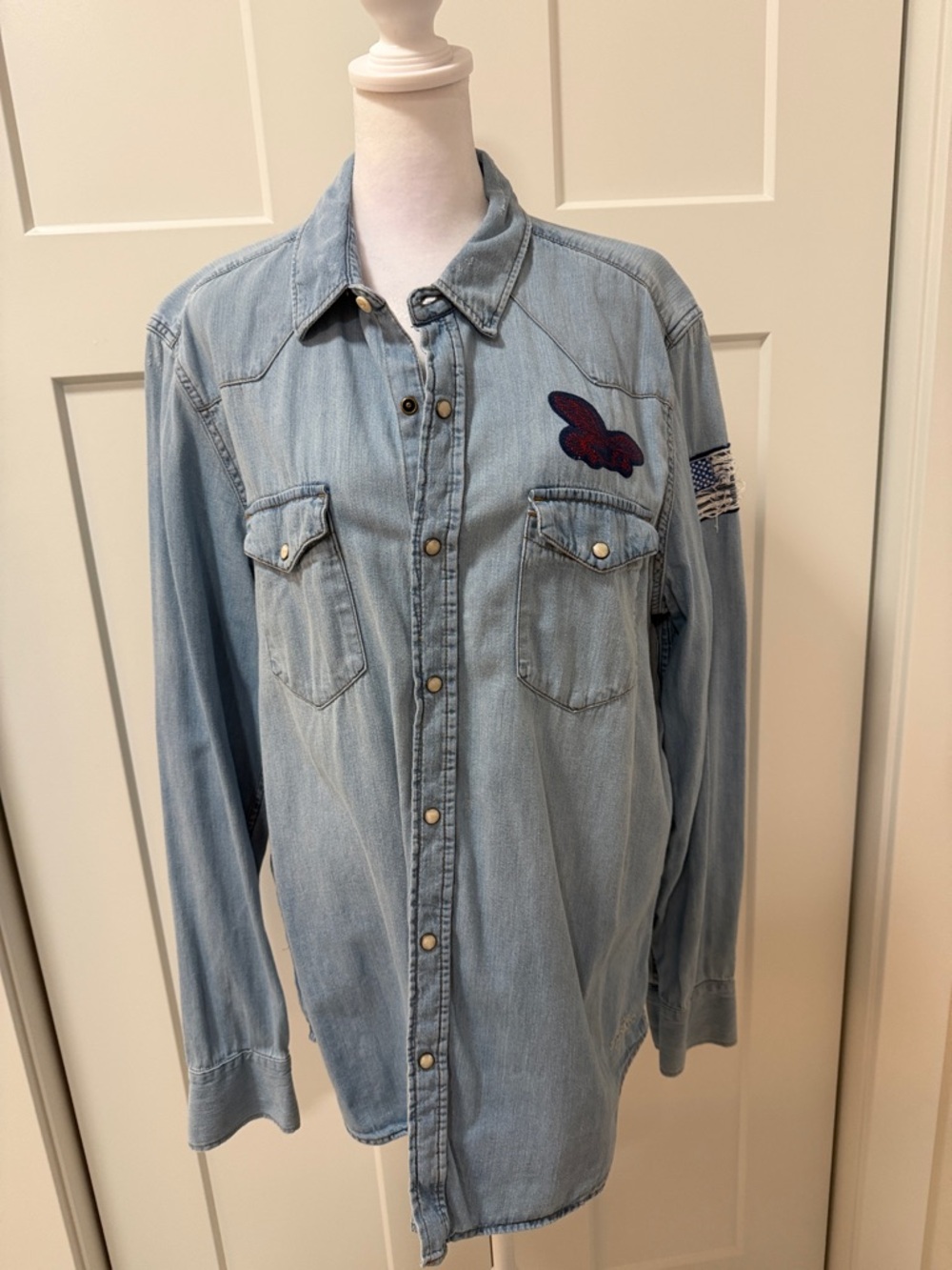 Light Blue Denim Shirt with Embroidered Patch Details